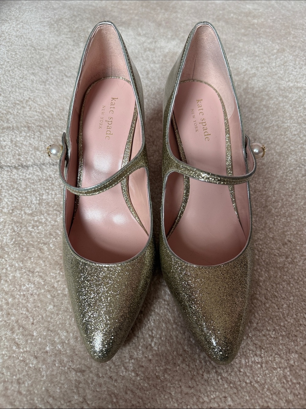 kate spade Gold Glitter Pearl Strap Mary Jane Block Heels - Picture 2 of 7